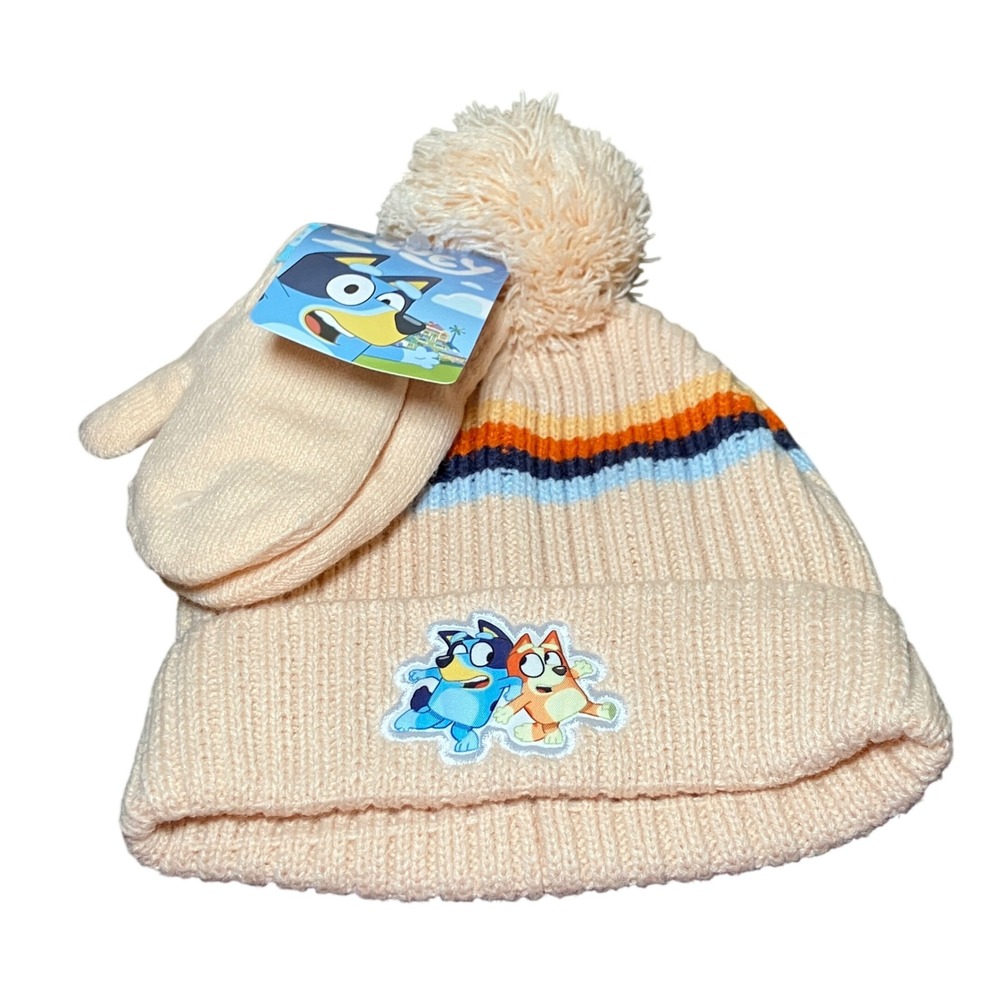 Bluey Knit Beanie Set Kids One Size Off White NEW Pom Hat Mittens Striped 2pc